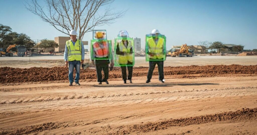 Construction workers in high-visibility gear standing together on active job site