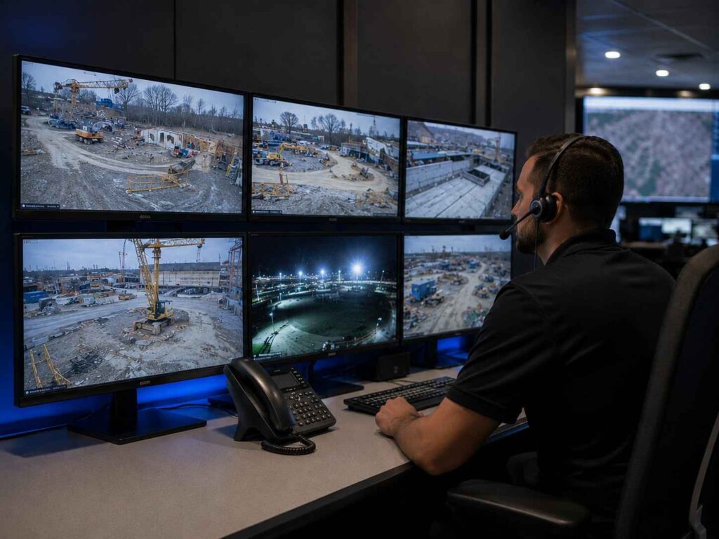 Security operator monitoring multiple live surveillance camera feeds from control room