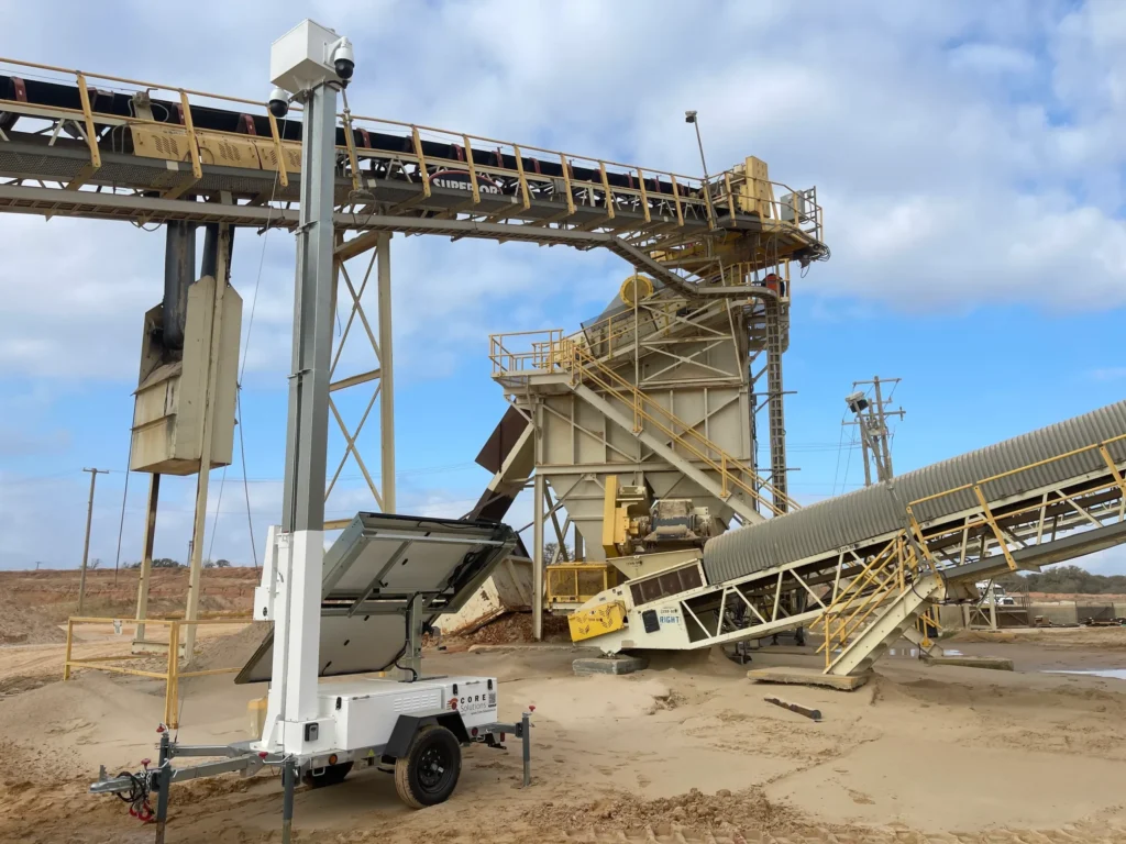 Mobile surveillance trailer deployed across a large remote construction site