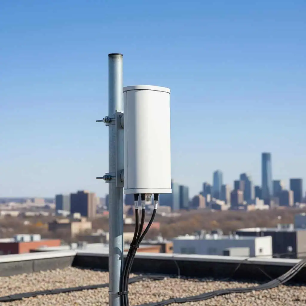Rooftop wireless antennas providing WiFi connectivity with city skyline behind